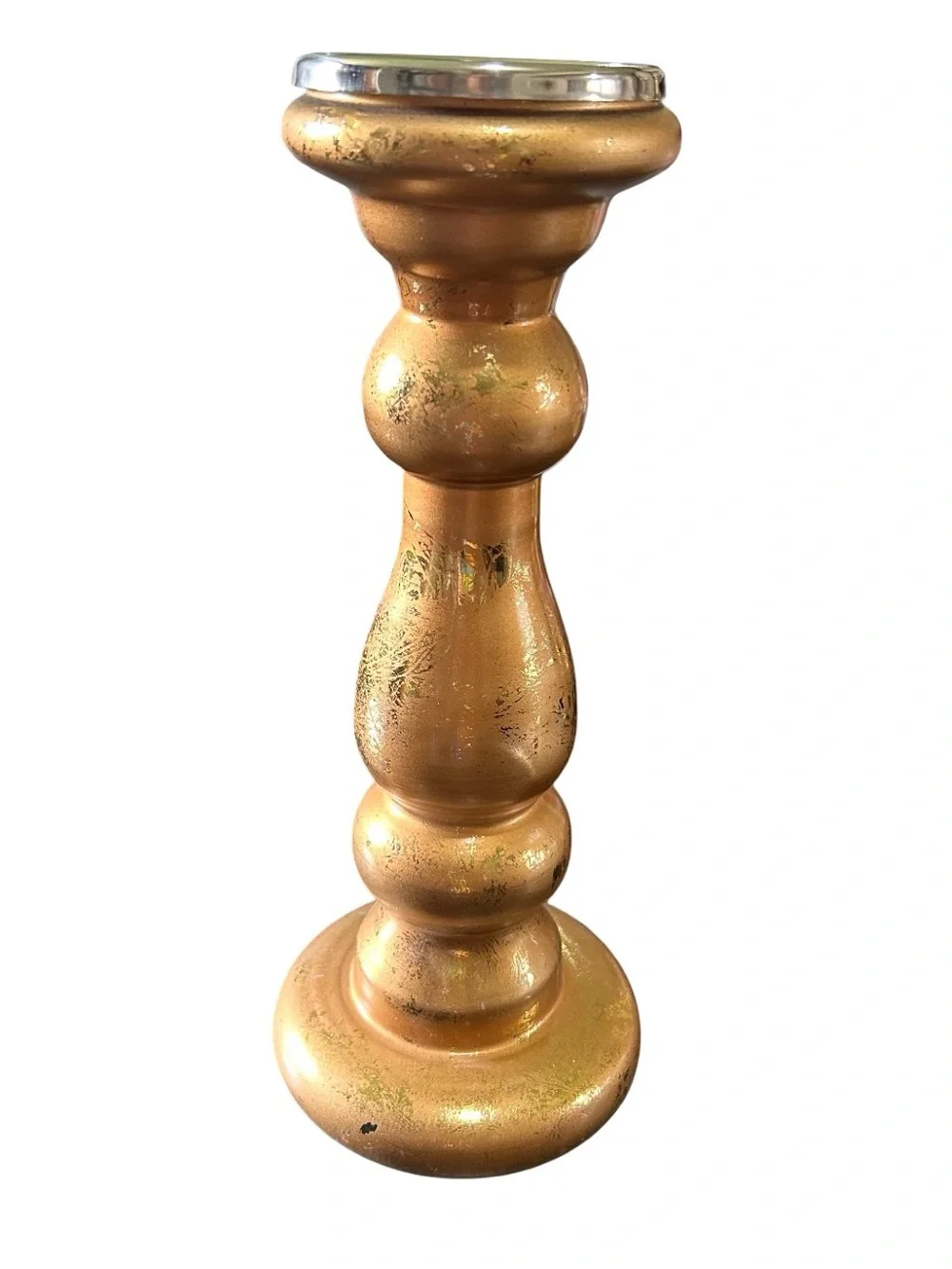 Glass Candle Pillar Metallic Gold Textured Look 12” New